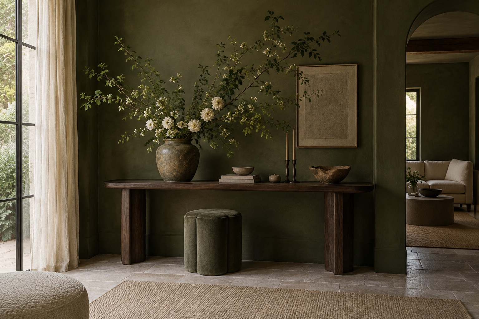 Ambiance végétale autour d’une console en bois et de feuillages