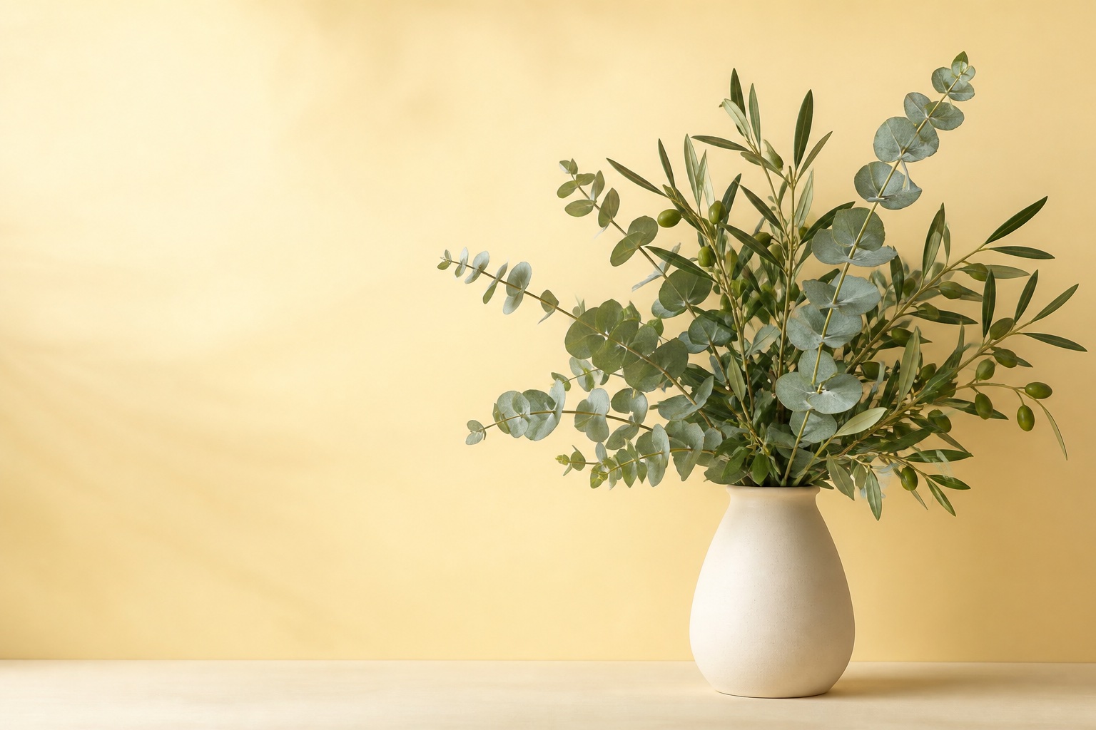 Branches d’olivier et d’eucalyptus dans un vase clair sur un fond doré